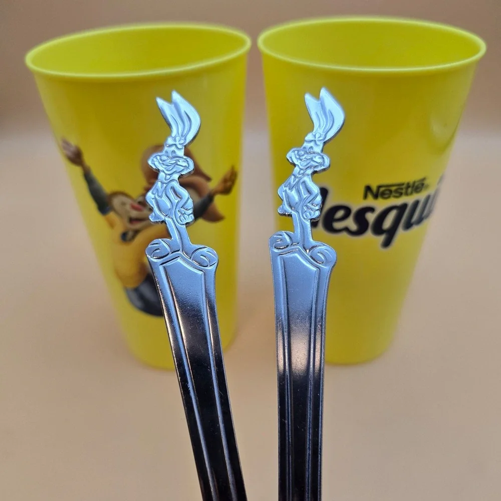 Vintage Nestle Nesquik Yellow Plastic Cups & Bunny Mixing Spoons Set of 2